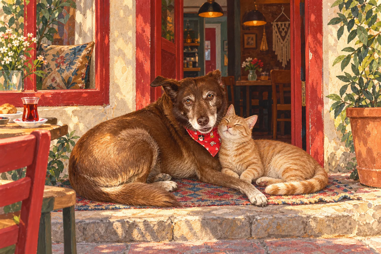 An illustrated portrait of Çiçek and Güneş at the entrance of Galata Süheyla